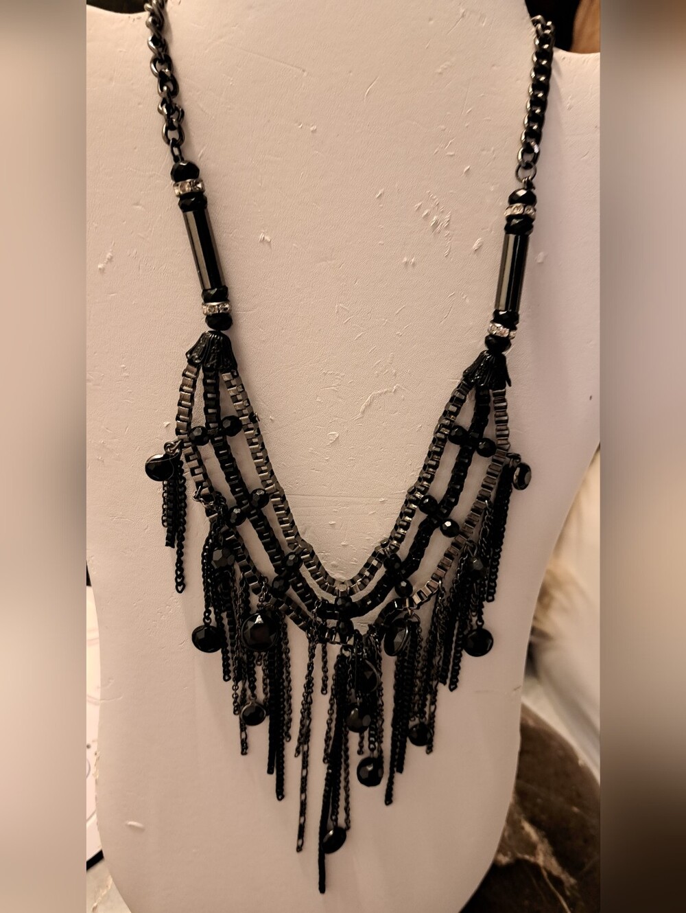 Black Beaded Fringe Statement Necklace - Women Jewelry
